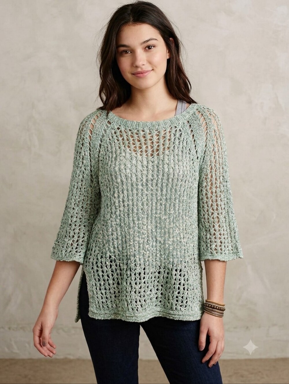 NEW Hummingbird Keyhole Cut Out Open Knit Bell Sleeve Turquoise Sweater Size S/M